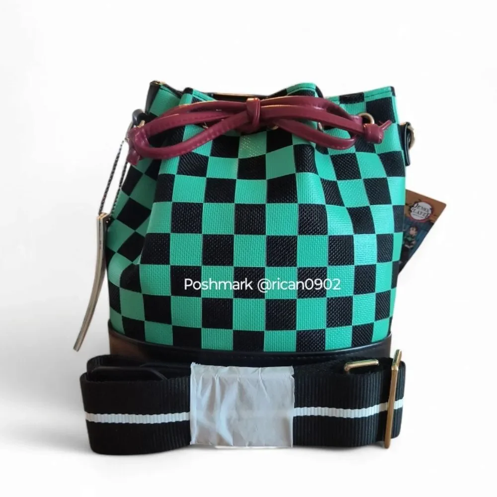 Demon Slayer Kimetsu no Yaiba Tanjiro Green & Black Checker Crossbody Bucket Bag